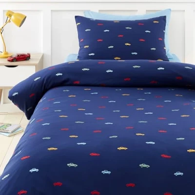 Image of Catherine Lansfield Embroidered Cars Soft Microfibre Double Duvet Cover Set with Pillowcases Blue