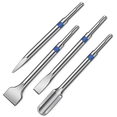 Image of HYCHIKA SDS Plus Chisel Set 4 Piece Comprising 40mm Tile Chisel, 20mm Flat 25mm Channel and Tip Extremely Sturdy for Tile, Concrete, Stone, Masonry