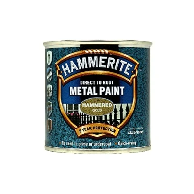 Image of Hammerite Paint Direct to Rust Exterior Gold Metal Paint, Hammered Finish. Corrosion Resistant and Remover, 8 Year Protection 250ml Tin 1.25 SqM Coverage