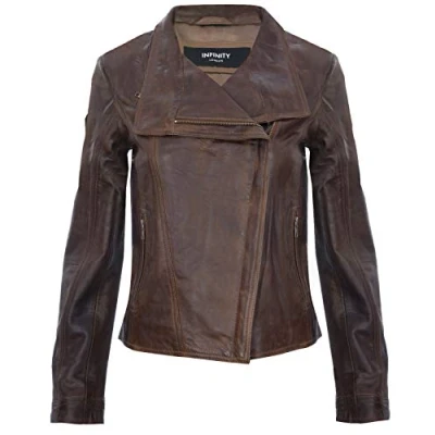 Image of Infinity Leather Womens Shawl Wrap Biker Jacket Riga Brown Size 10 UK