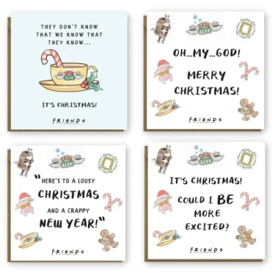 Image of Cardology Friends TV Show Funny Christmas Cards Pack of 4 Includes Designs Officially Licensed Merchandise