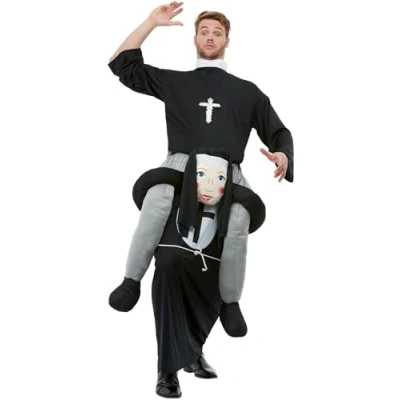 Image of Smiffys Piggyback Nun Costume, Black One Piece Suit with Mock Legs, Saints and Sinners Fancy Dress, Dress Up Costumes
