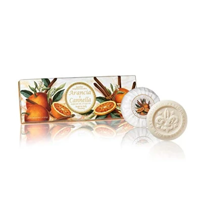 Image of Box of Italian soap, Orange and Cinnamon, round soaps sculpted with lily, pleated wrapping label, 3 x 3.52 oz by Saponificio Artigianale Fiorentino