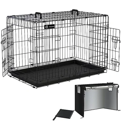 Image of VOUNOT Dog Crate Portable Pet Foldable Secure Puppy Cage with Durable Cover 2 Doors, Removable Slide Tray, Carry Handles, Large 36 Inches, Black