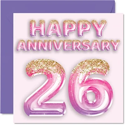 Image of Pretty 26th Anniversary Card for Wife Girlfriend Husband Boyfriend Pink Purple Glitter Balloons Happy 26 Cards from Family, 145mm x Greeting Twenty Sixth Anniversaries