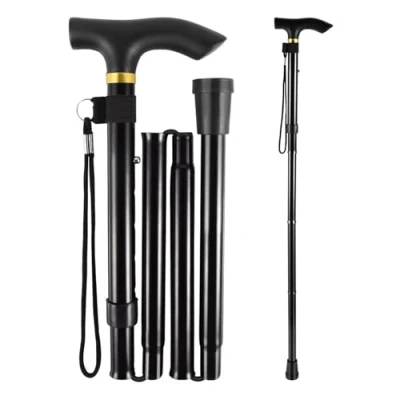 Image of Extra Long Folding Walking Stick with Crutch Handle Lightweight, Adjustable, and Portable Black