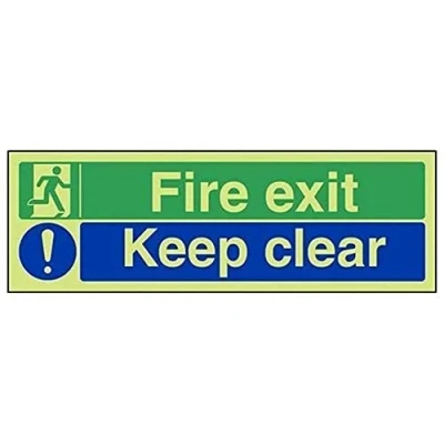 Image of V Safety 14012AX GS Glow In The Dark Fire Exit/Keep Clear Sign 300mm x 100mm Self Adhesive Vinyl