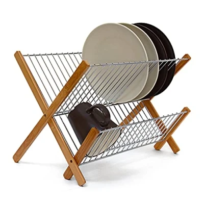 Image of Relaxdays CROSS Bamboo And Chromed Steel Draining Rack: 27 x 38 29 cm Drying Rack Folding Dish Drainer For Plates, Cups, Glasses, Natural