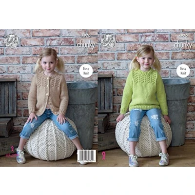 Image of King Cole Childrens Chunky Knitting Pattern Easy Knit Girls Lacy Cardigan &amp; Sweater (4970)