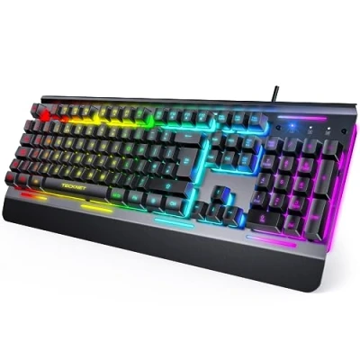 Image of TECKNET Wired Gaming Keyboard, 15 Zone RGB Illumination Backlit Ergonomic Keyboard with Membrane Keys, Wrist Rest, 25 Anti ghosting IP32 Water &amp; Dust Resistant Mechanical UK Layout