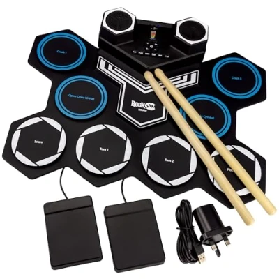 Image of RockJam Roll Up Rechargeable Electric Drum Kit with Bluetooth, Midi, USB &amp; Drumsticks