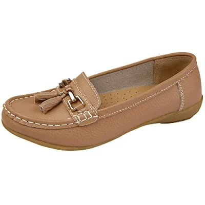 Image of Jo &amp; Joe Women Leather Flat Loafer Ladies Casual Comfy Slider Low Wedge Heel Work Shoes (6 UK, Mocha)