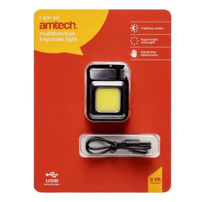 Image of Amtech Mini Multifunctional Keychain Light for Camping, Hiking, and More, Bright COB Technology with 3 Lighting Modes, Rechargeable, Lightweight Portable Clip