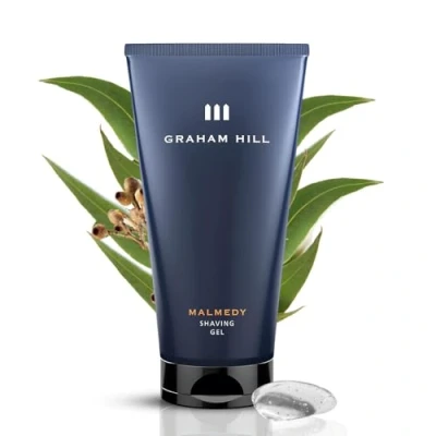 Image of GRAHAM HILL Malmedy Transparent Shaving Gel (150ml) Clear for Men, Precise Contour Shaving, Moisturizing with Arginine &amp; Hyaluronic Acid, Fresh Eucalyptus and Wood Scent Vegan