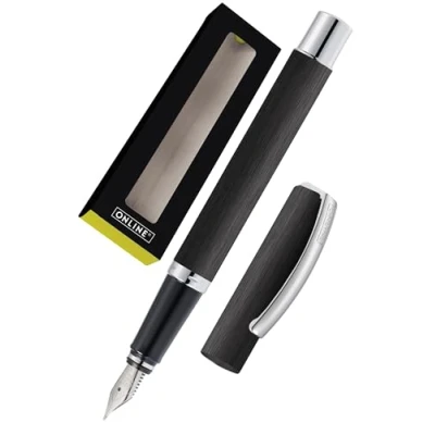 Image of Online Fountain Pen Vision from with Clear Design matt Brushed Aluminum Iridium Nib M Suitable for Standard Ink cartridges and converters Gift Box Classic Black,OL/38521 0