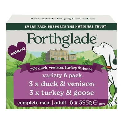 Image of Forthglade Wet Dog Food, National Trust Variety Pack (6 x 395g Trays) Adult Dogs, Grain Free Food with Turkey &amp; Goose and Duck Venison, Stomach Sensitive Hypoallergenic Recipes