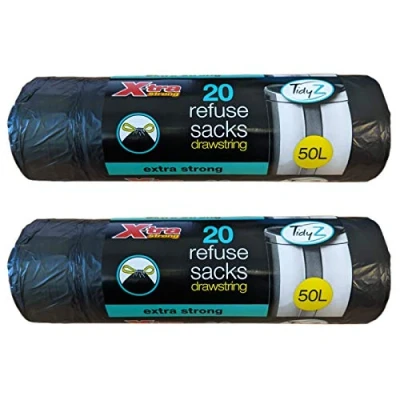 Image of TidyZ 40 x Black 50L Drawstring Refuse Sacks Waste Swing Bin Liners Extra Strong Rubbish Bags