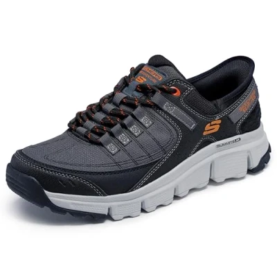 Image of Skechers Men&#039;s Summits at Trainers, Gray Synthetic/Mesh/Orange Trim, 5.5 UK