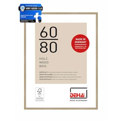Image of DEHA Design Fontana Photo Frame 60x80cm Wooden Picture Frame, Oak with Protective Acrylic Glazing and Push Turn Clips