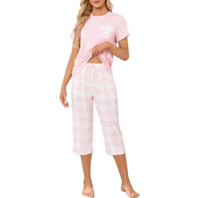 Image of Reliwel Women&#039;s Pyjama Sets Short Sleeve Top and Checkered Cropped Bottoms Ladies Pyjamas two Pieces Plaid Pant Pjs Set Sleepwear with Pockets S XXL Pink