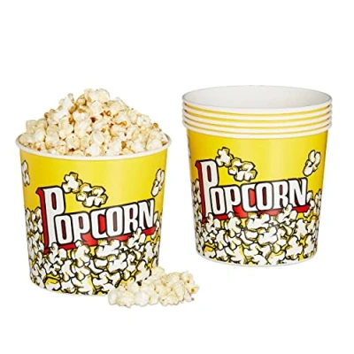 Image of Relaxdays Popcorn Bucket Plastic, Set of 6, Reusable, Plastic Box, Snacks, Sweets, 2.8 L, Durable, Retro, Yellow
