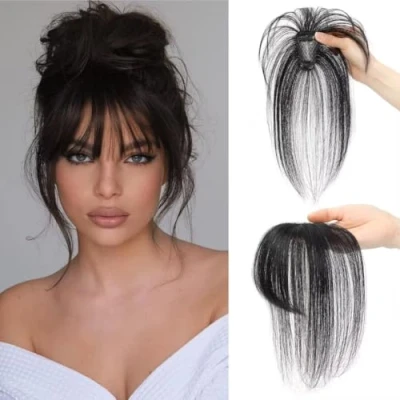 Image of Clip in Bangs, Fringe Human Hair, Real Hair Extensions, on Air Bangs for Women Hairpieces Curved Daily Wear, A, natural black