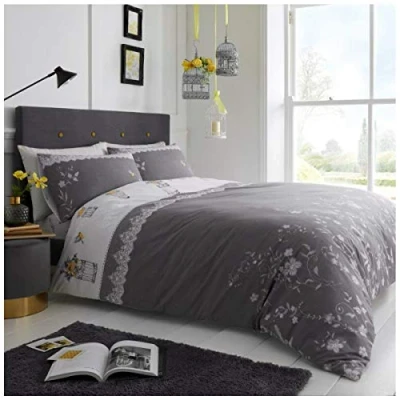 Image of GC GAVENO CAVAILIA Easy Care Reversible Duvet Cover King Size, Soft Comfy Flowers Bedding &amp; Linen, Grey