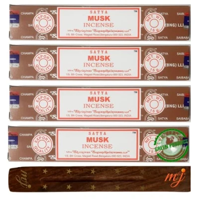 Image of Original Satya Nag Champa Musk incense sticks with M&amp;J holder x4 pack for Aromatherapy, Spa, Yoga, Weddings, Meditation, Healing, Positivity and Relaxation