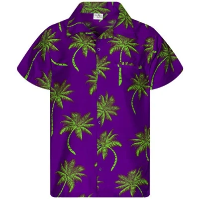 Image of King Kameha Men&#039;s Shirt Short Sleeve Casual Button Down Hawaii Vacation, Palm Shadow, Purple Green, XS