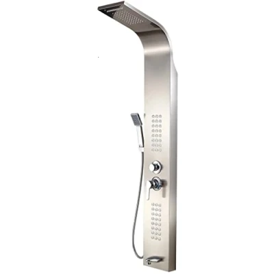 Image of EVOLVE Manually Controlled Thermostatic Shower Panel Column Tower Waterfall, Rainfall 48 Body Jets, Hand Drencher and Bath Spout 5 in 1 Chrome Finish