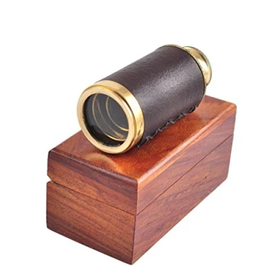 Image of Antique marine brass leather bound pocket telescope 6&quot; with wooden Box