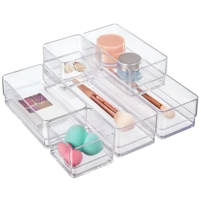 Image of Clear Plastic Vanity and Desk Drawer Organizers 6 Piece Set