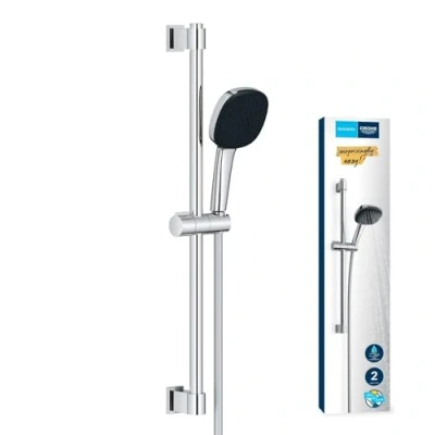 Image of GROHE Vitalio Comfort 110 Shower Set (Square 11 cm Hand 3 Sprays: Rain, Jet and Massage, Hose 1.75 m, Rail 60 cm, Water Saving), Easy to Fit with QuickGlue, Chrome, 26096001