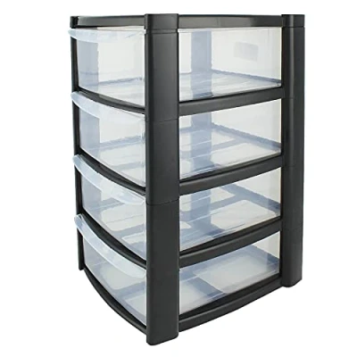 Image of Guaranteed4Less Plastic Storage Drawers Tower Unit Desktop Home Bathroom School Stationary Files (4 Drawer), Clear,black