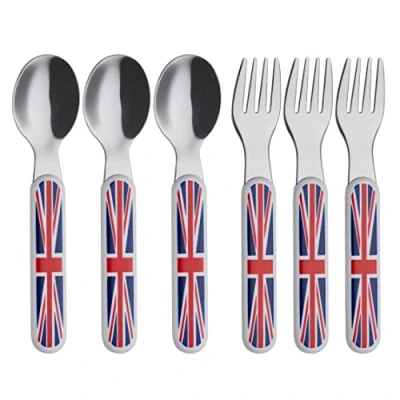 Image of EXZACT Union Jack Kids Cutlery 6pcs Stainless Steel 18/10 Toddler Children&#039;s 3 x Forks, Spoons BPA Free Dishwasher Safe