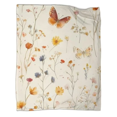 Image of Butterflies And Floral Printed Fleece Throw Blanket Wildflowers 3D Pattern Sherpa for Kids Boys Adults Plush Cartoon Bed Couch 40x50inch(100x130cm)
