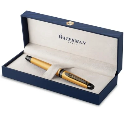 Image of Waterman Expert Rollerball Pen Metallic Gold Lacquer With Ruthenium Trim Fine Point Black Ink Gift Box