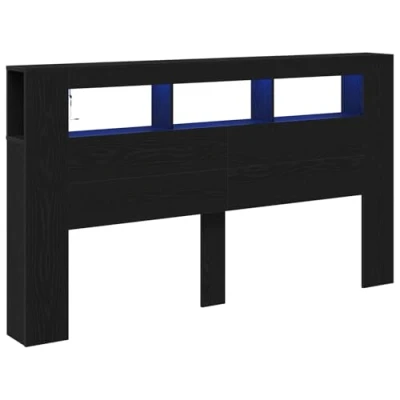 Image of vidaXL Modern Matte Black Oak Wood LED Headboard 180cm Wide with Built In Shelves
