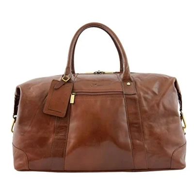 Image of Real Leather Large Size Holdall Travel Weekend Overnight Duffle Bag Perugia Tan