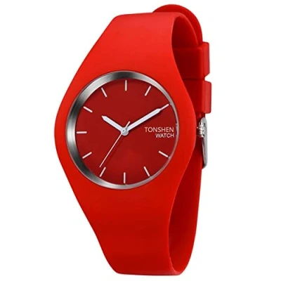 Image of TONSHEN Simple Fashion Analog Quartz Watch Rubber Band Casual Style Wrist Watches for Women Girl 12 Colours (Red)
