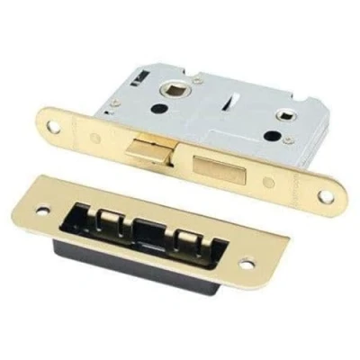Image of EAI Mortice Bathroom Lock Radius Faceplate 64mm Case / 44mm Backset PVD Brass