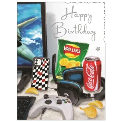 Image of Male Birthday Card General for Men/Boys Gaming Design Special Finishes and Illustrated Insert Leaf Made in the UK