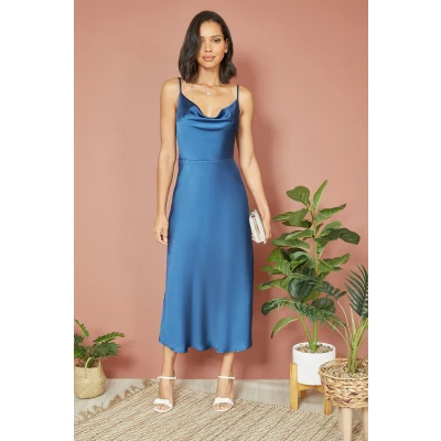 Image of Yumi Navy Satin Cowl Neck Midi Slip Dress 14