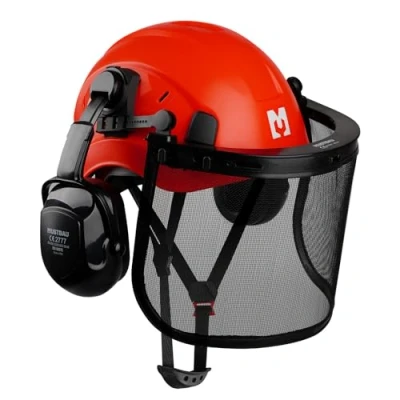 Image of Mustbau Chainsaw Safety Helmet, Protective Helmet with Earmuffs and Mesh Visor, 53 to 63 cm Adjustable Headband Suitable for Forestry, Construction, Work