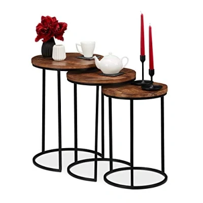 Image of Relaxdays Nesting Set of 3, Round Mango Wood Side Tables, Industrial Design, Black Metal, 3 Sizes, Natural, Iron, 57.5 x 41 cm