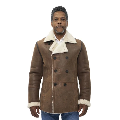 Image of Mens Tan German Double Breasted Real Sheepskin Shearling Leather Jacket Coat L