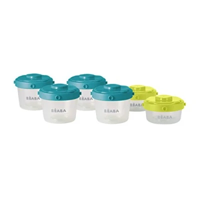 Image of BÉABA Set of 6 Baby Food Storage Container Stackable and Clippable pots 100 Percent Airtight with Measurement indication Freezer Safe 2 x 60 ml + 4 120 Blue/Yellow