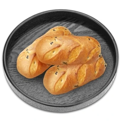Image of Round Wooden Tray, 24cm Black Serving Tray Food Tea Plate Snack Meals Trays for Coffee Table Party Bar Restaurant Hotel