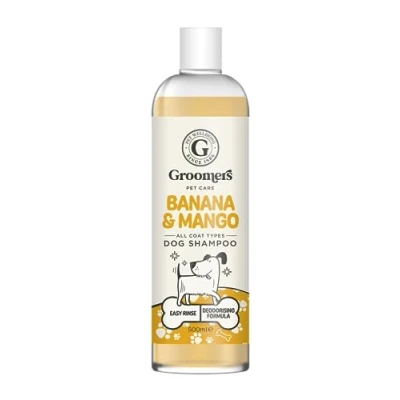 Image of Groomers Banana &amp; Mango Dog shampoo Grooming products for smelly dogs with scent best puppy adult Vegan pet professional 500ML
