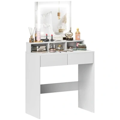 Image of HOMCOM Dressing Table with Mirror and LED Lights, Vanity 2 Drawers, 3 Compartments, Colour Lighting, for Bedroom, Modern Dresser Makeup Desk Women Girls, White